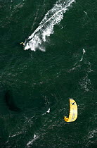 Aerial view of a kite boarder during the Hobie 16 Nationals, Narragansett, Rhode Island, USA. September 2006.