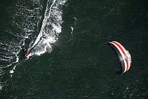 Aerial view of a kite boarder during the Hobie 16 Nationals, Narragansett, Rhode Island, USA. September 2006.