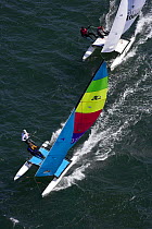 Trapezing while racing in the Hobie 16 Nationals, Narragansett, Rhode Island, USA. September 2006.
