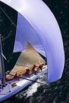 Crew taking down the head sail while sailing downwind under spinnaker in the 2006 12 Metre North American Championships, Newport, Rhode Island, USA.