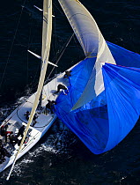 Crew on this 12m yacht takes down the spinnaker during the 2006 12 Metre North American Championships, Newport, Rhode Island, USA.