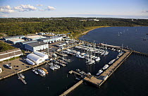 Aerial view of boats moored in Rhode Island Marina, USA.