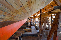 The hull of tall ship "Spirit of South Carolina" is stripped and sanded in a boat yard in Charleston, South Carolina, September 2006
