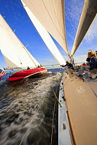Racing onboard 12m Weatherly with American Eagle to leeward in Narragansett Bay, Newport, Rhode Island, USA. October 2006.