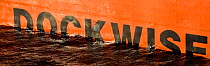 Dockwise written on the side of a dockwise yacht transport ship, Newport, Rhode Island, USA. Fall 2006.