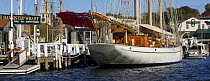 Sailing yacht "Adix" anchored at Bannister's Wharf in Newport Harbor, Rhode Island, USA. October 2006.