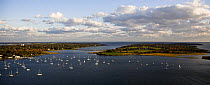 Aerial view during the autumn of yachts anchored in Narragansett Bay near Jamestown, Rhode Island, USA. October 2006.
