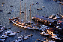Aerial view of sailing yacht "Adix" docked at the Bannister's Wharf Marina in downtown Newport, Rhode Island, USA. October 2006 .