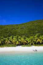 A tender tethered on a white sandy palm tree lined beach, British Virgin Islands, Caribbean, December, 2006.