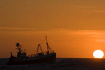 Fishing vessel towing its net at sunset in the North Sea. June 2007. ^^^Dawn and dusk are the best times for catching fish on the North Sea.