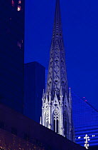 Eerily floodlit St. Patrick Cathedral, New York City.