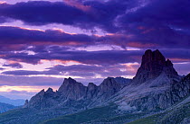 Passo di Giau (2236m) at dusk. Italian Dolomites N Italy. Mountains in evening light.