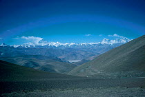View across plains of Tibet to Mt Everest Himalayas