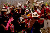 Quechua musicians and dancers at traditional wedding ceremony Bolivia