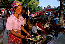 Dai woman cooking at market stall, Xishuangbanna, Yunnan, China, ethnic minority group