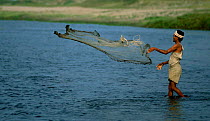 Fisherman throwing net Majuli island Assam India