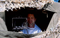 Mark Payne-Gill in hide costume filming Whooping cranes Operation migration MD USA may
