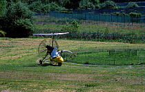 Researcher In crane costume with Whooping crane chicks. Maryland USA Operation - imprinting chicks so they will follow microlite south for winter