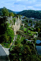 Terraced gardens and medieval fortifications beside river Luxembourg Europe