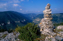 Rock cairn at summit of gorge Ste Enimie Tarn France